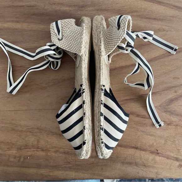 ❌SOLD❌SOLUDOS Lace-up flat espadrille shoes black cream stripe nautical size 7.5 - Picture 6 of 12